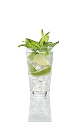 Mojito glass and mint leafs.