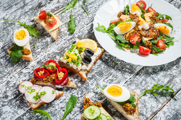 Salad and variety of open sandwiches with different toppings on white background