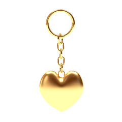 Key chain in the form of a golden heart isolated on white background. 3d Rendering.