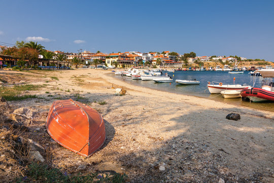 Boats in Bay of Nea Fokia village, Halkidiki, Greece.