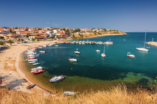 Sunny view of Mediterranean sea from Nea Fokia, Greece.