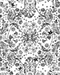 vector seamless beautiful gentle symmetrical grunge floral fractal foliage pattern with little flowers, cornflower, lily, daisy, leaves. exquisite background allover print in Art Nouveau style