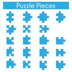 Naklejka premium Puzzle piece set with all the possible piece form. Collection of jigsaw puzzle game pieces in blue color isolated on white background.