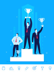 Vector business concept  illustration.  Businessmen standing with prizes for good work