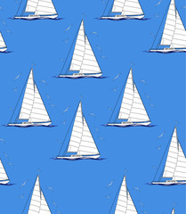 Abstract seamless repeating pattern with sailboats and seagulls