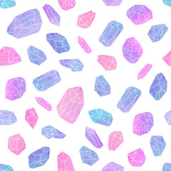 Seamless pattern with precious, colorful healing crystals isolated on a white background. Watercolor hand painted pink, blue, violet and aquamarine minerals, gemstones. Vector graphic design elements.