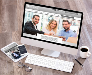 Wood businessman's desk in high definition with laptop, tablet a