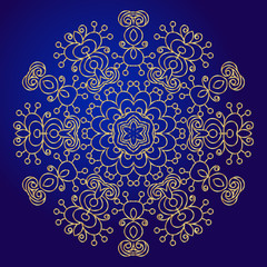 Mandala, amulet. Esoteric gold symbol on a blue background.