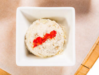 Delicious eggplant pate with red paprika.