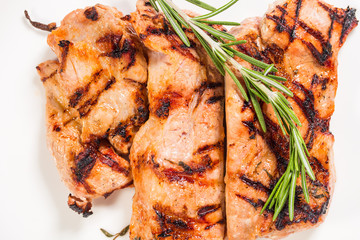 Grilled pork shish kebab with rosemary.