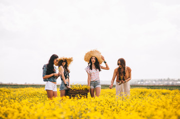 four beautiful hippie girl in a field of yellow flowers