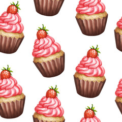 Seamless pattern with strawberry cupcake on white isolated background