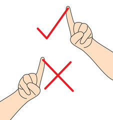 Finger drawing. Check Mark and Wrong Mark. Vector Illustration