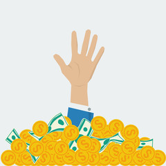 Concept of big money. Big coins pile with hand