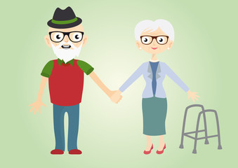Grandfather and grandmother vector. Cute illustration of elderly people. Seniors in love holding hands. Laughing of seniors couple