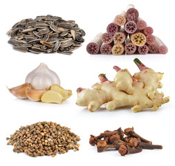 Spice cloves , sunflower seeds, ginger, garlic, lotus stem, Cori