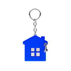 Blue key chain in the form of a house isolated on white background. 3d Rendering.