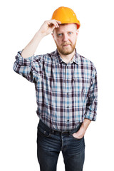 Man puts on the orange protective helmet