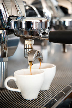 using coffee machine. Coffee, cappuccino, coffee, coffee shop, the bartender - the concept of catering. Use in articles about coffee.