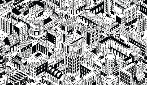 City Urban Blocks Isometric Seamless Pattern - Small