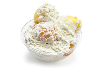 Delicious peppers in sour creme, Serbian mild spicy dish paprika u pavlaci, in bowl on white background