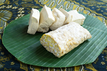Balinese food Tempe and Tahu against the background of Batik