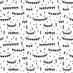 Obraz premium Seamless party doodle bunting flags and confetti background