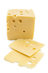 Sliced fresh emmental cheese on white background, cow cheese