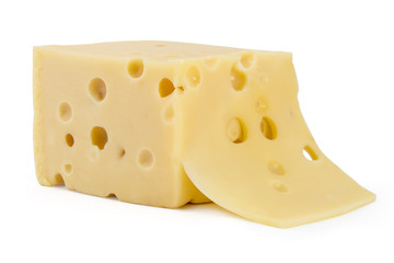 Sliced fresh emmental cheese on white background, cow cheese