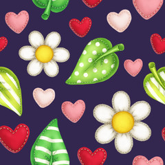Spring sewing pillows in daisy, leaves and heart shape seamless pattern on purple background