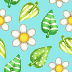 Spring sewing pillows in daisy and leaves shape seamless pattern on cyan background