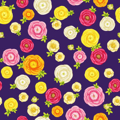 Ranunculus spring seamless pattern on purple background