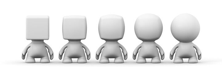 five white human 3d people with heads shaped from spherical to cubical in front of a white background (3d illustration)