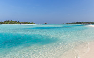 Fototapeta na wymiar maldives island beach with palm tree and villa
