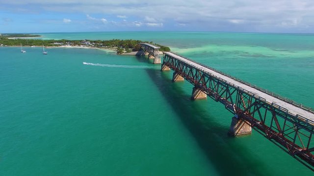 Bahia Honda old bridge, overhead view of Florida Keys on a beautiful day