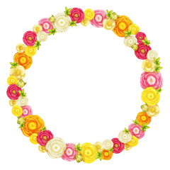 Ranunculus spring wreath on white isolated background