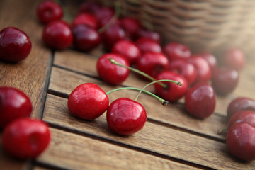 fresh sweet cherries on wooden table