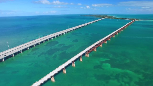 Bahia Honda old and new bridge in Florida Keys, aerial view