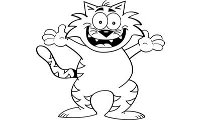 Black and white illustration of a cat with outstretched arms.