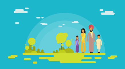 Indian Family Four People Parents Two Children Nature