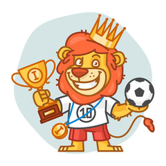 Lion Holds Cup and Soccer Ball