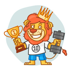 Lion Holds Dumbbell and Prize Cup
