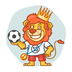 Lion Holds Soccer Ball and Smiling