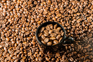 Roasted coffee in cup.