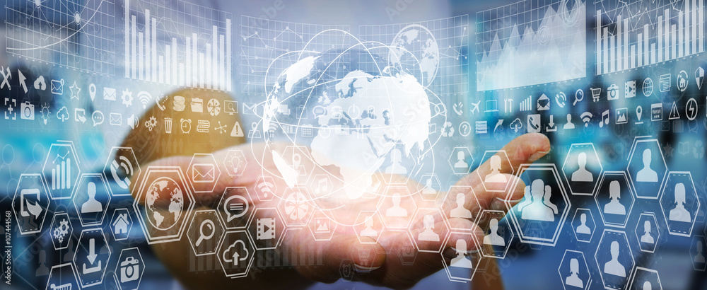 Poster businessman using digital tactile screen with charts