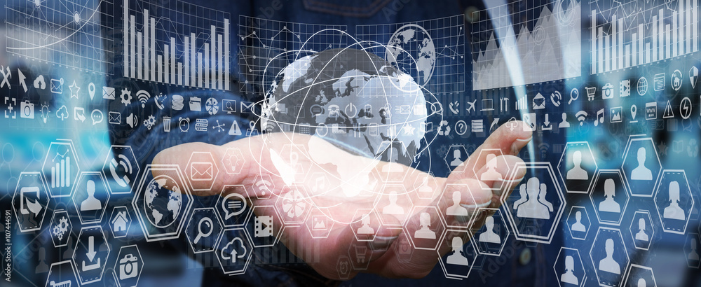 Poster businessman using digital tactile screen with charts