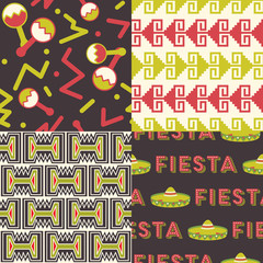 Collection of 4 Funky mexican seamless patterns celebrating Cinco de Mayo holiday.