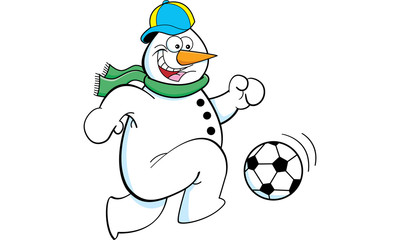 Cartoon illustration of a snowman playing soccer