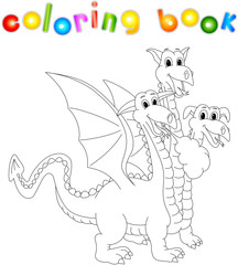 Funny cartoon three headed dragon. Coloring book for kids