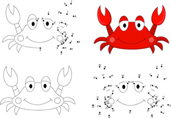 Cartoon crab. Coloring book and dot to dot game for kids